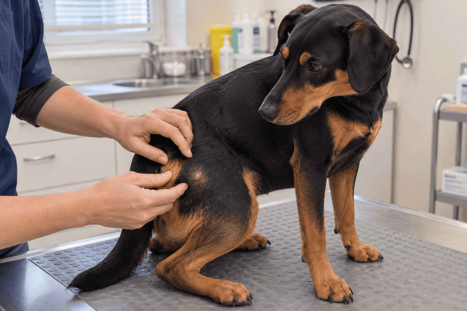 Veterinár pokojne vyšetrí malú kožnú hrčku na psovi v klinickom prostredí